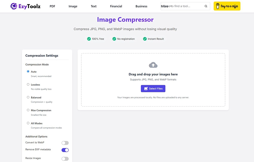 'EzyToolz image compressor — compress JPG PNG WebP online free