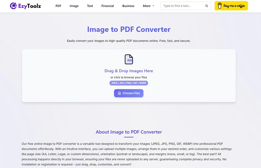 'EzyToolz image to PDF converter — convert JPG PNG to PDF online free