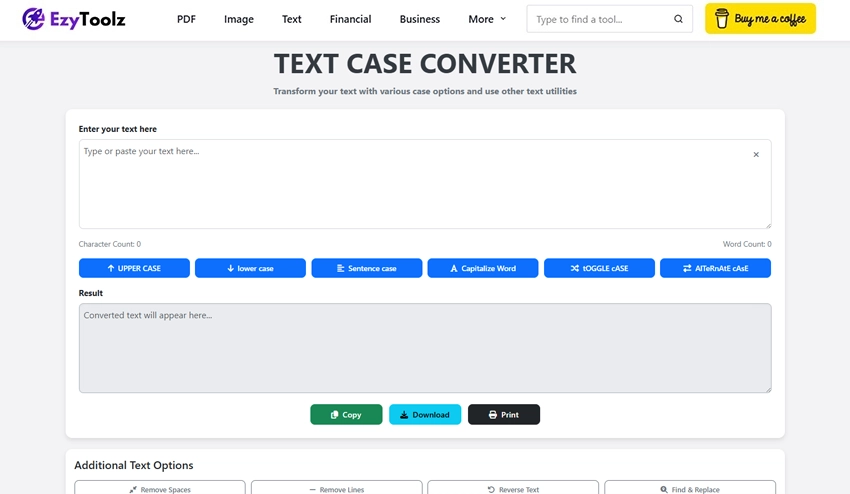 Alt: EzyToolz text case converter online showing input field and conversion buttons