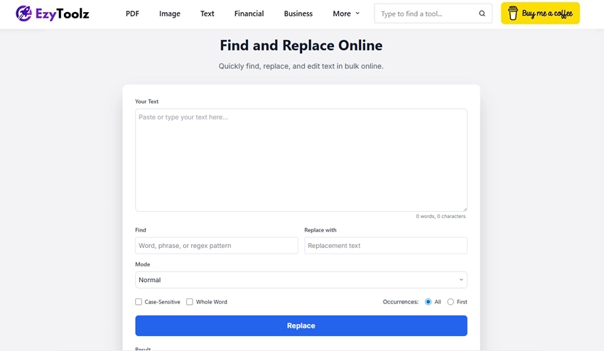 Find and Replace feature inside EzyToolz text case converter tool