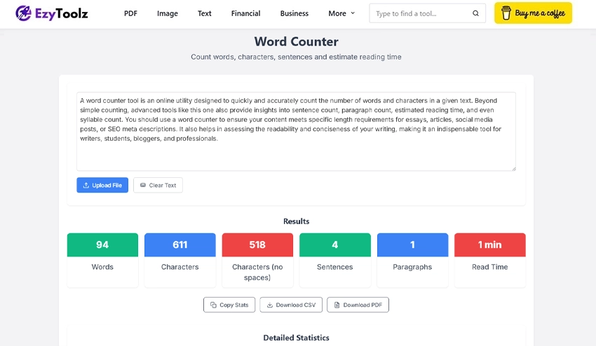 Word frequency counter inside EzyToolz text case converter online tool