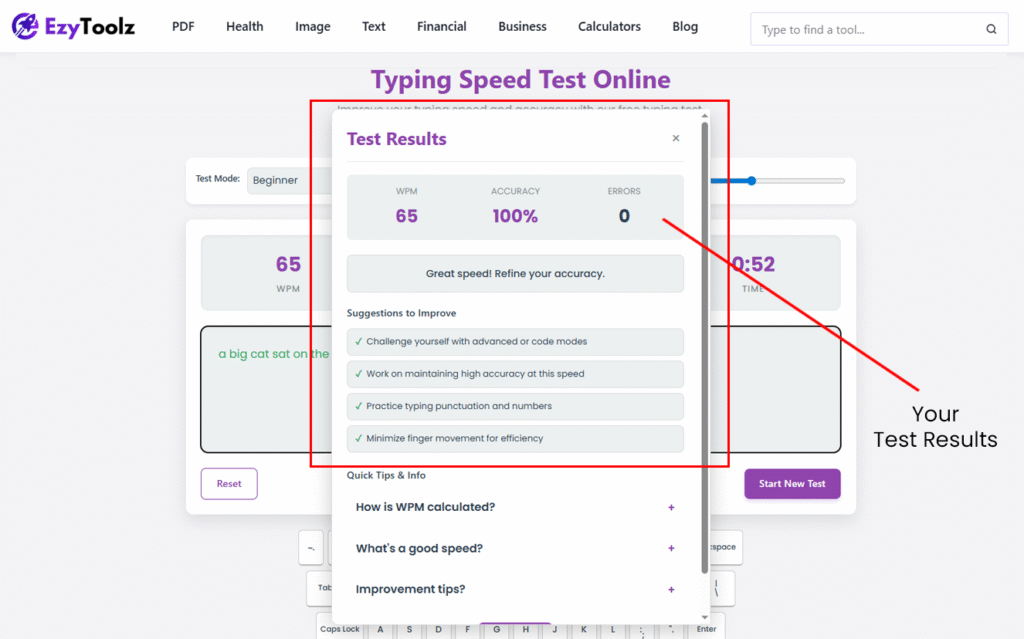 EzyToolz typing test results showing WPM accuracy and error count