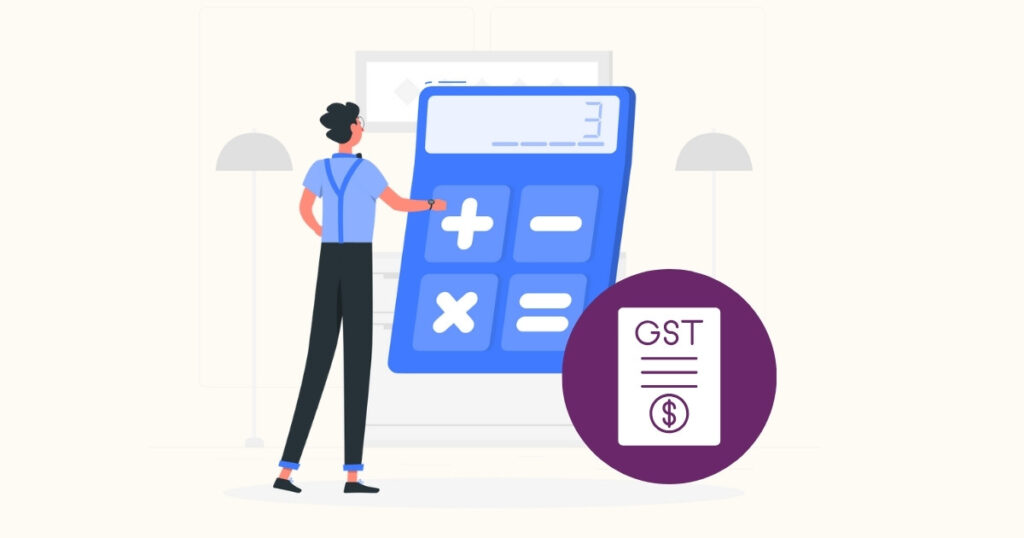 Illustration of a person using a big calculator with a GST icon, representing New GST rates 2026 and online GST calculation tool.