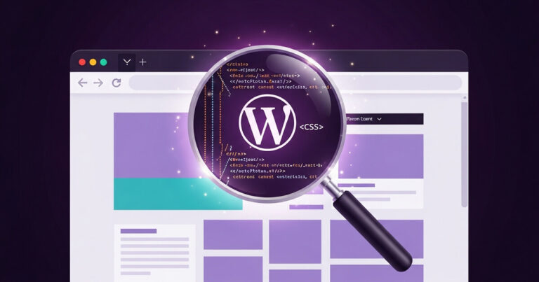 Magnifying glass revealing WordPress theme code in a browser — how to find what theme a website is using