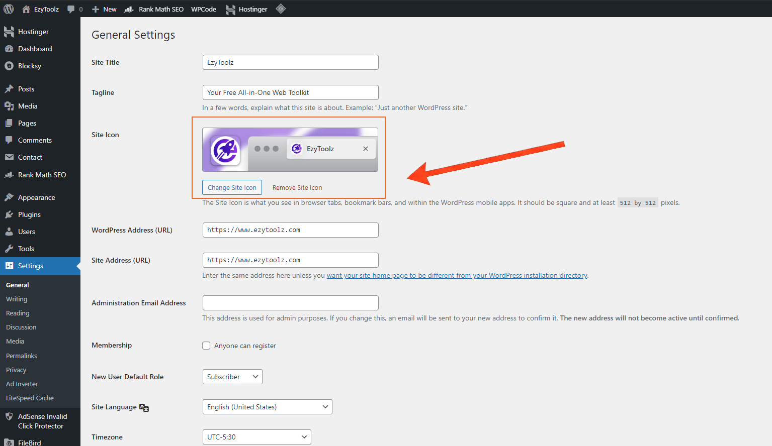 WordPress Site Editor showing Site Identity favicon upload option for block themes